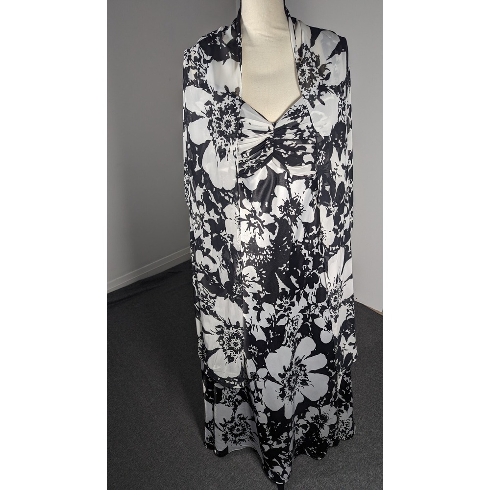 Alex Dress Women's Plus Size 20 W  Black White Evening Gown Floral Wedding Scarf